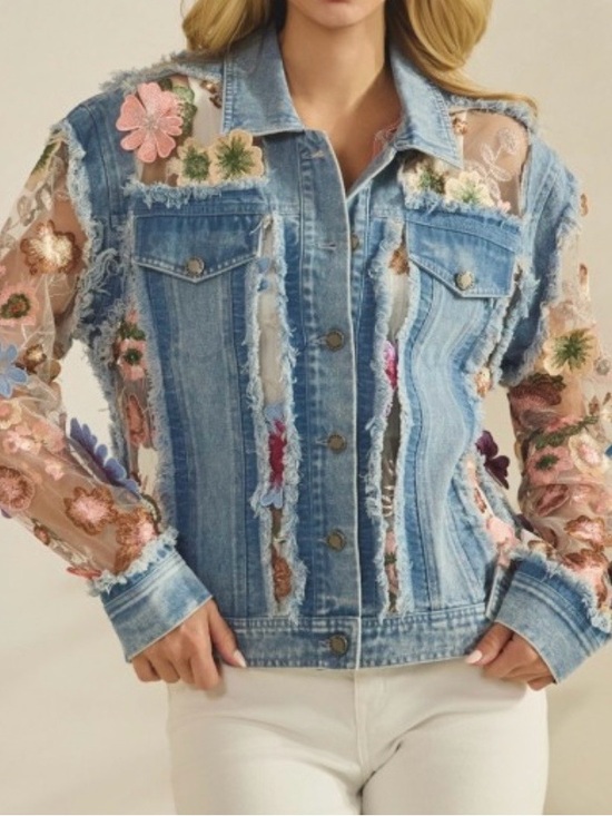 Boutique Jackets & Blazers - DENIM JACKET WITH FLORAL ORGANZA INSET